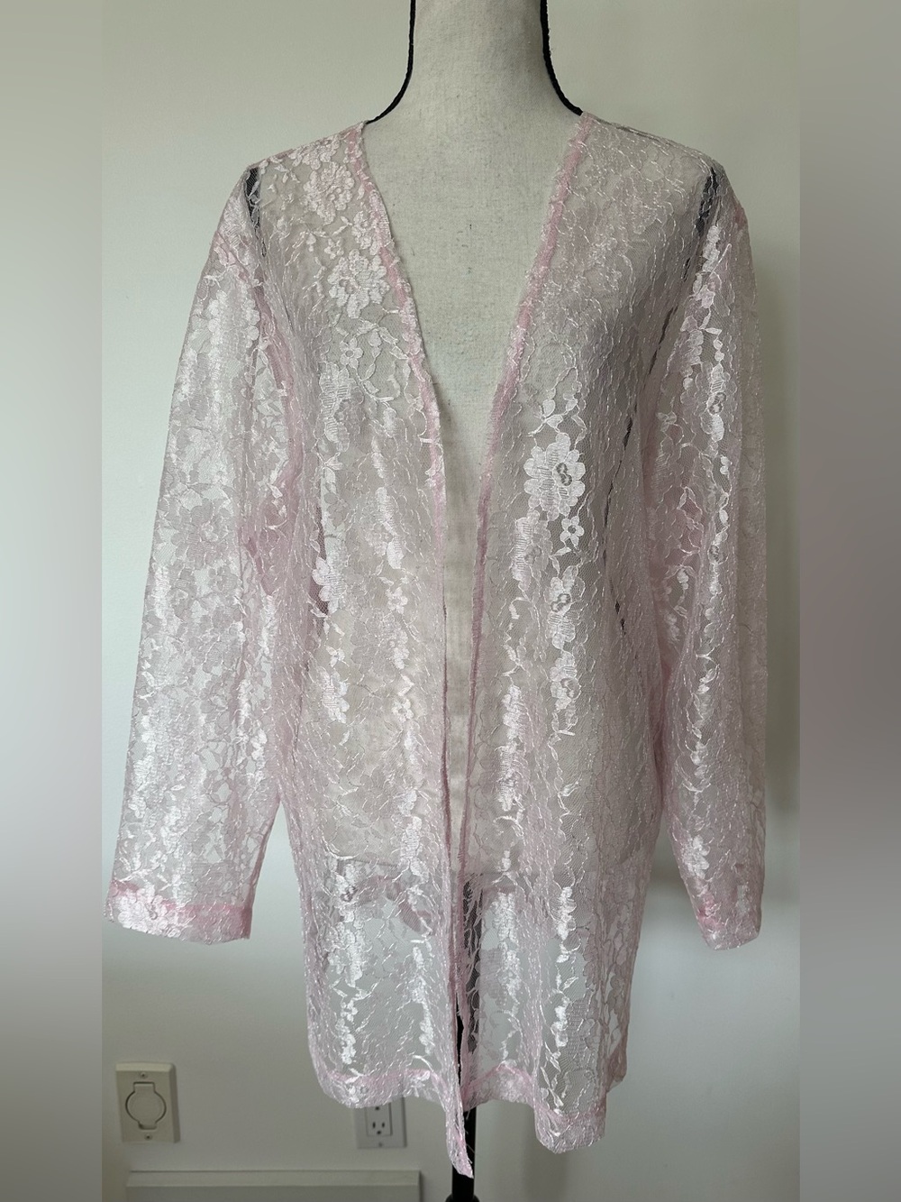 Pink Sheer Lace Kimono Cardigan Coquette Cottagecore Ethereal Open Front Duster - Picture 2 of 8